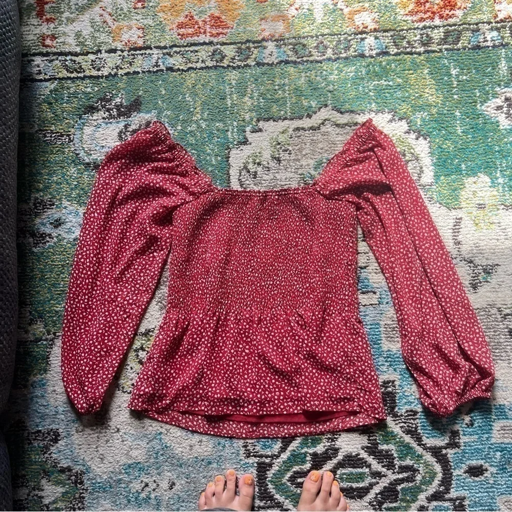 Red puff sleeves peasant floral Madewell blouse shirt